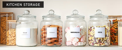 Wide-Mouth Glass Storage Canisters with Lids, Labels and Spoons in Five Pack Configurations