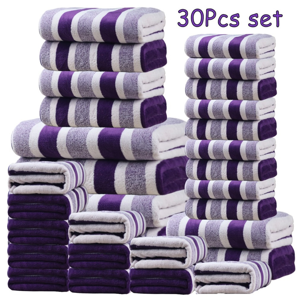 Thirty-Piece Striped Bath Towel Set with Bath, Hand and Washcloth Sizes in Ten Color Checkouts