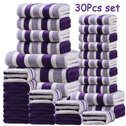 Thirty-Piece Striped Bath Towel Set with Bath, Hand and Washcloth Sizes in Ten Color Checkouts