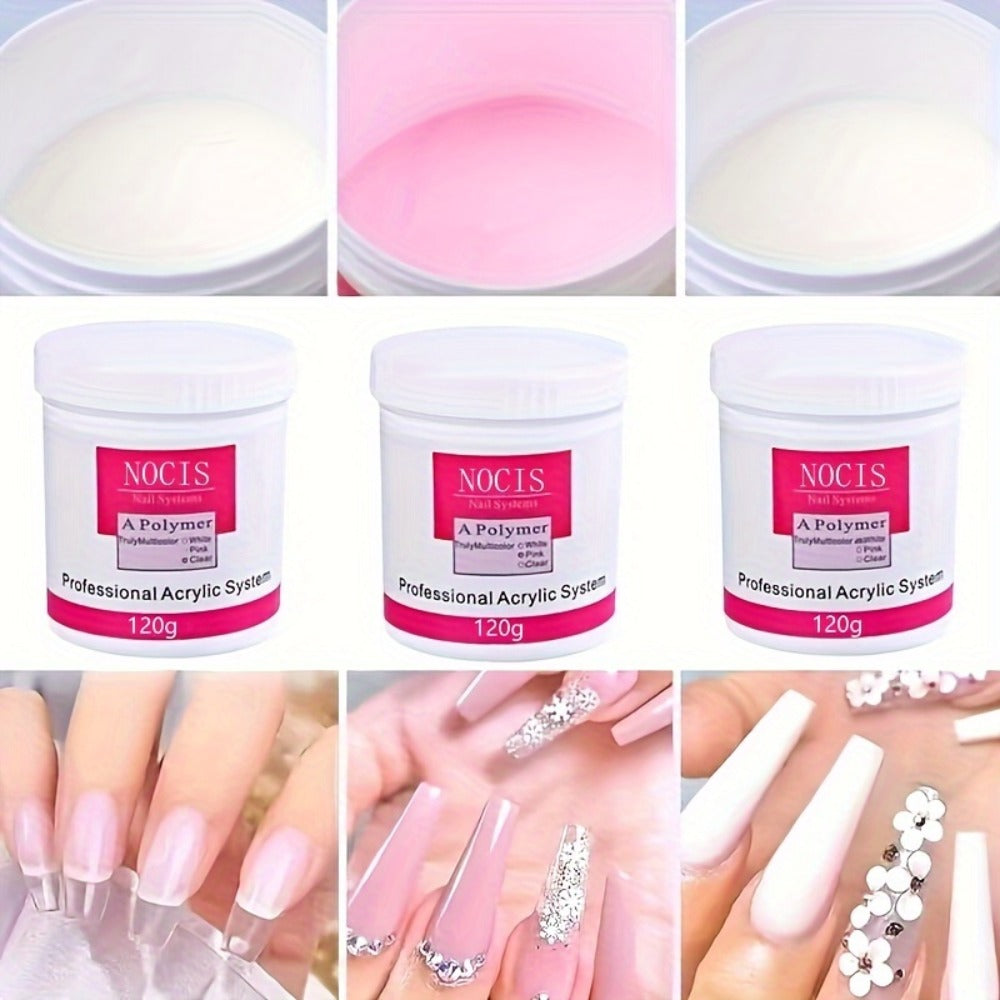 NOCIS 120g Acrylic Nail Powder Jar in White, Pink or Transparent Color for Use with Compatible Acrylic Liquid