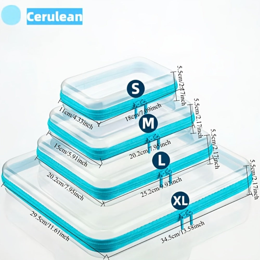 Four-Piece Storage Organizer Set with Clear Zipper Cases in S, M, L and XL Sizes and Four Trim Colors