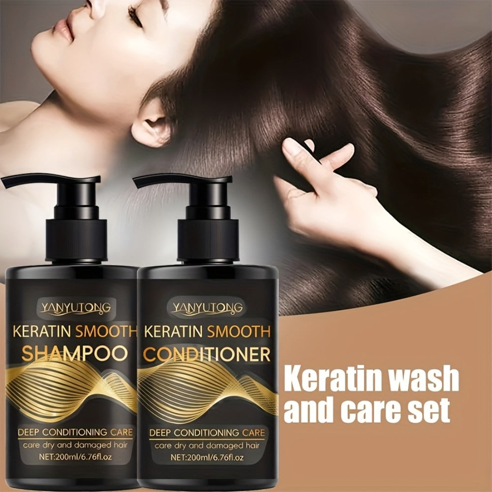 Keratin Shampoo and Conditioner Set Repairs Breakage Split Ends Moisturizes Scalp for Color-Treated Heat Damaged Dry Frizzy Hair All Hair Types Women Men 200ml Each