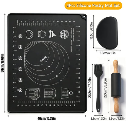 Silicone Baking Mat Set 4pcs, Extra Thick Non-Stick Pastry Mat with Measurement Scales, Non-Slip Dough Kneading Mat, Includes Rolling Pin, Dough Scraper and Storage Bag, Reusable Kitchen Baking Tools