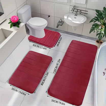 Channel-Stitched Three-Piece Padded Bath Mat Set with Long Runner and Two Matching Rugs in Nine Solid Colors