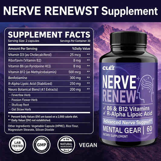 Nerve Renew Capsules with Vitamin B Complex & R-Alpha Lipoic Acid – Neuro Botanical Antioxidant Blend for Nerve Health, Energy & Active Lifestyle | Daily Supplement for Women & Men | 60 Capsules