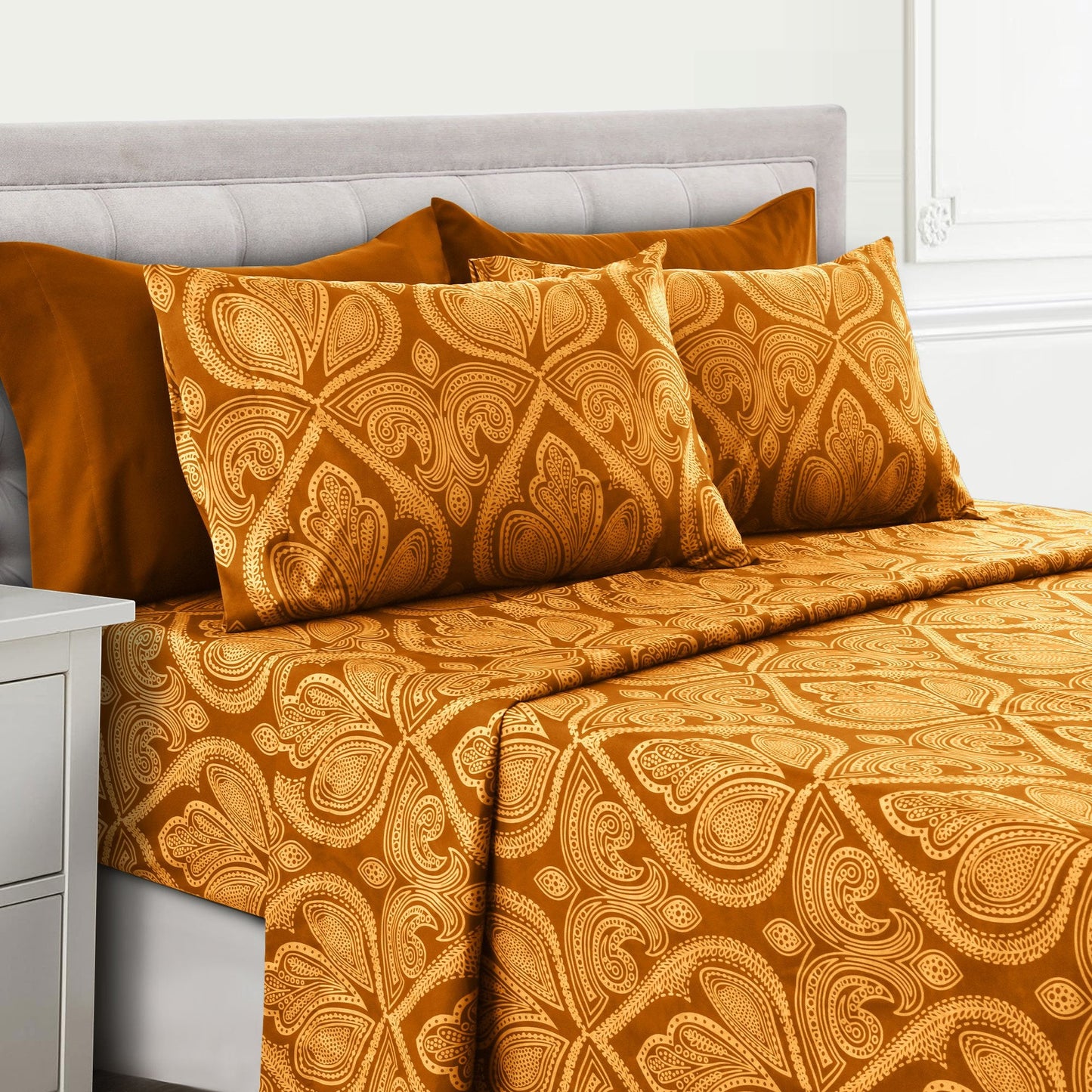 Bed Sheet Set Paisley Brushed Polyester in 4- or 6-Piece Sizing with 16-Inch Pocket and Wash Instructions