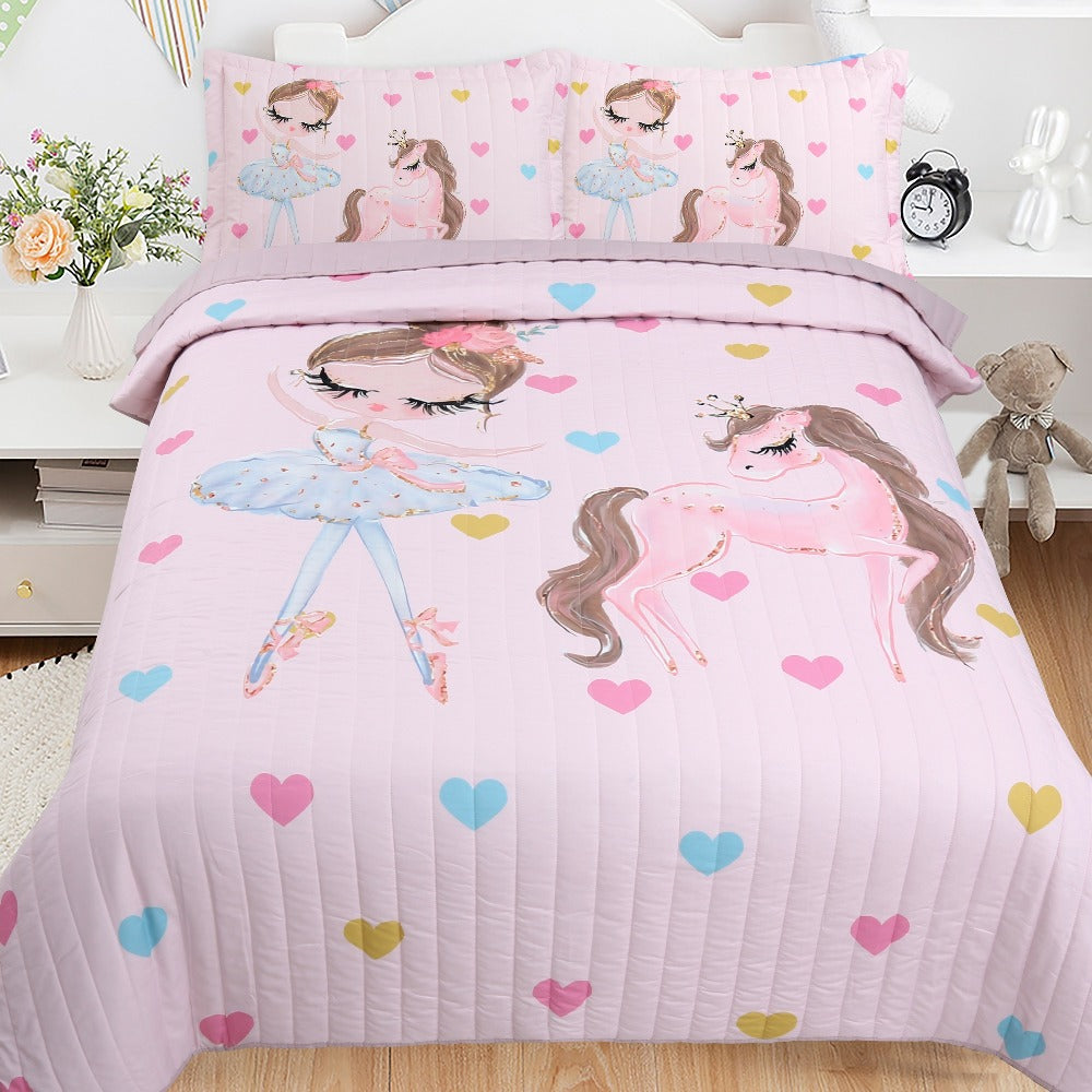 Pink Pony and Princess Print Three-Piece Bedspread Set with 67 x 90-Inch Cover and Two 20 x 28-Inch Shams