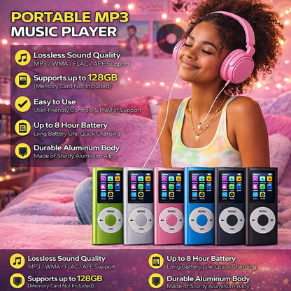 MP3 MP4 Player for Students 128GB Expandable, 8-Hour Battery HiFi Lossless Sound, 1.8 Inch Color Screen, FM Radio, Voice Recorder, E-Book Reader, English Listening Learning Device