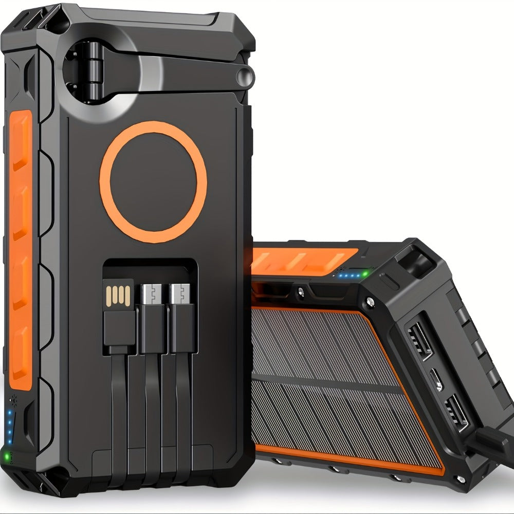 Solar Power Bank, 30000mAh Hand-Crank and Solar Charger with Wireless Pad, Three Built-In Cables and Seven Outputs