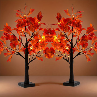 Two-Piece LED Maple Leaf Tree Light Set with 24 Warm Lights, Red Autumn Leaves and Black Branches