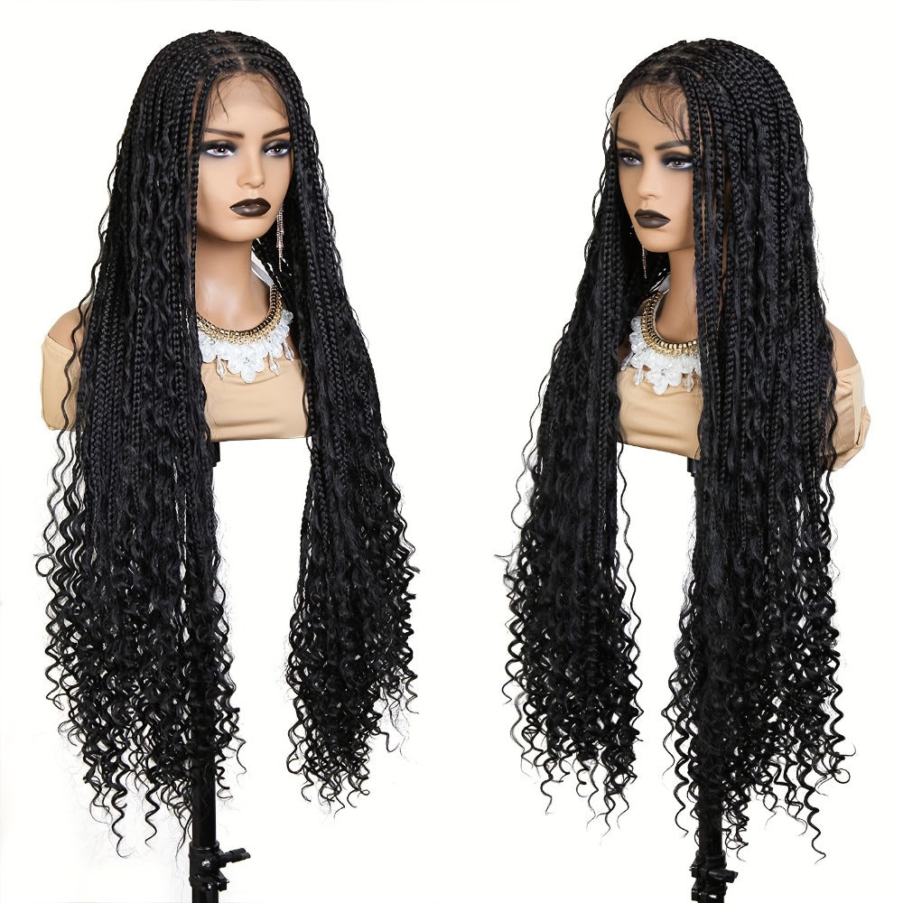 Extra-Long Black Box-Braid Wig with Curly Ends, Lace Cap and 48-Inch Checkout Length for Styling