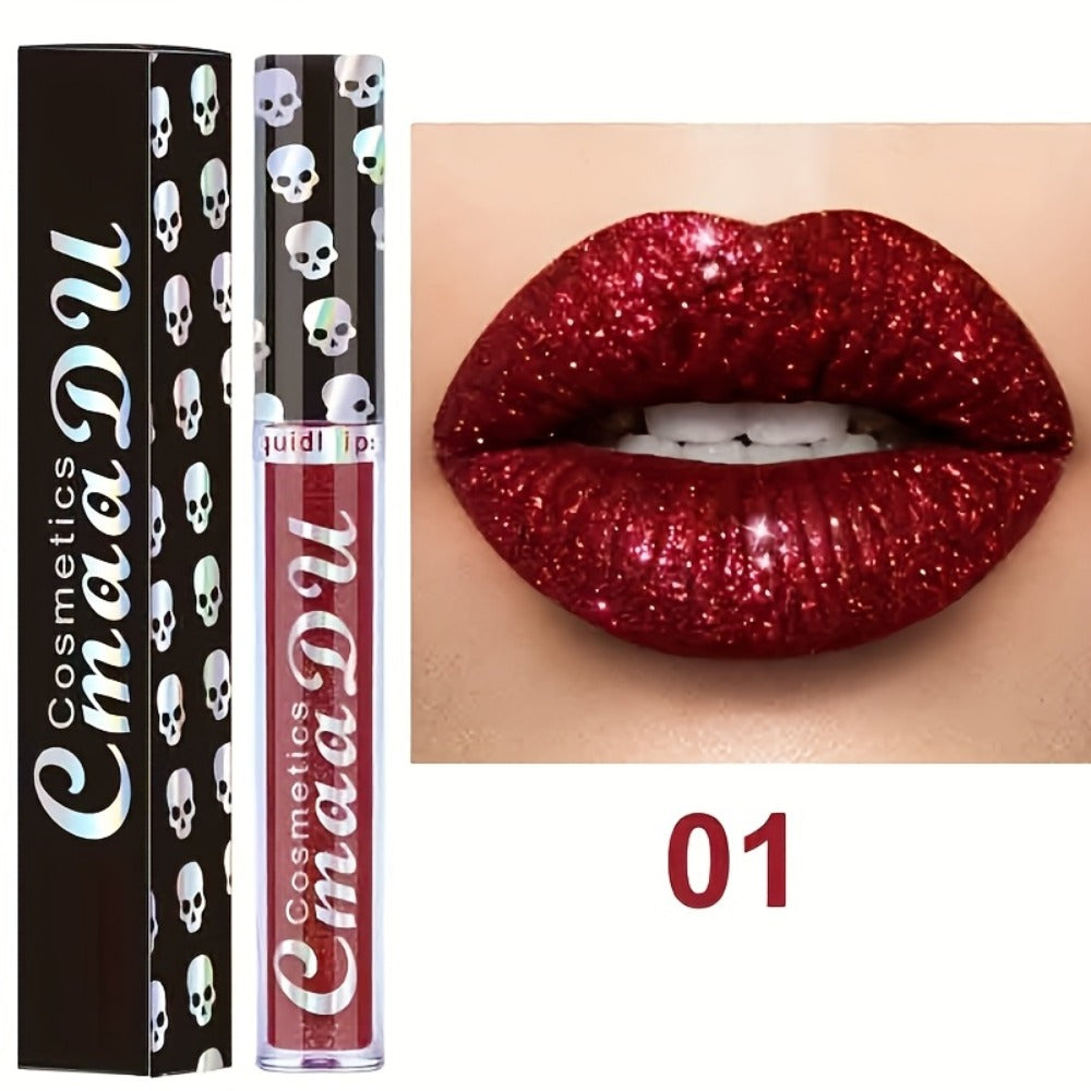 Three-Piece Skull-Design Glitter Lip Gloss Set with Nine Exact Color Combination Checkout Options