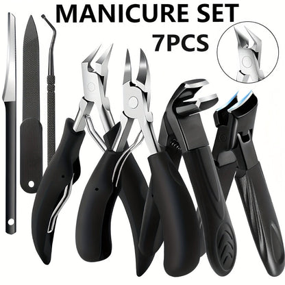 Heavy Duty Toenail Clipper Set 7pcs for Seniors Angled Curved Stainless Steel Blades Splash Guard Long Handle Nail File Pedicure Tool Kit Thick Nails