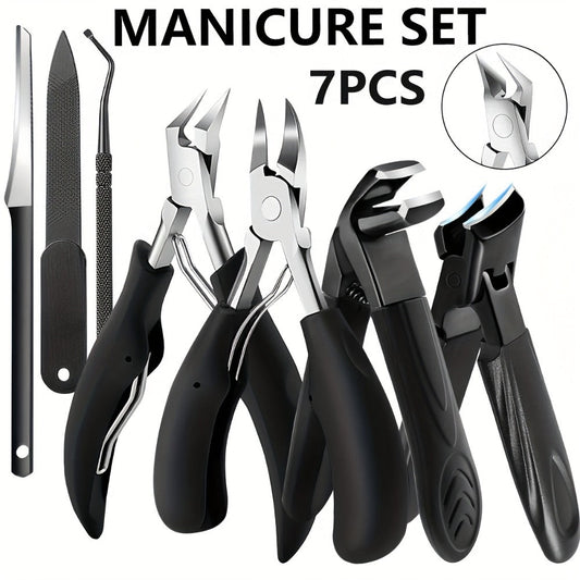 Heavy Duty Toenail Clipper Set 7pcs for Seniors Angled Curved Stainless Steel Blades Splash Guard Long Handle Nail File Pedicure Tool Kit Thick Nails