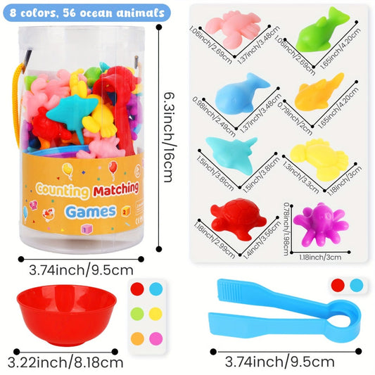 Ocean Animals Color Sorting Toy 64pcs with Sorting Bowl — Toddler Counting Matching Math Learning Activity, Montessori Sensory Educational Toy for Kids Ages 2-5, Birthday Christmas Gift