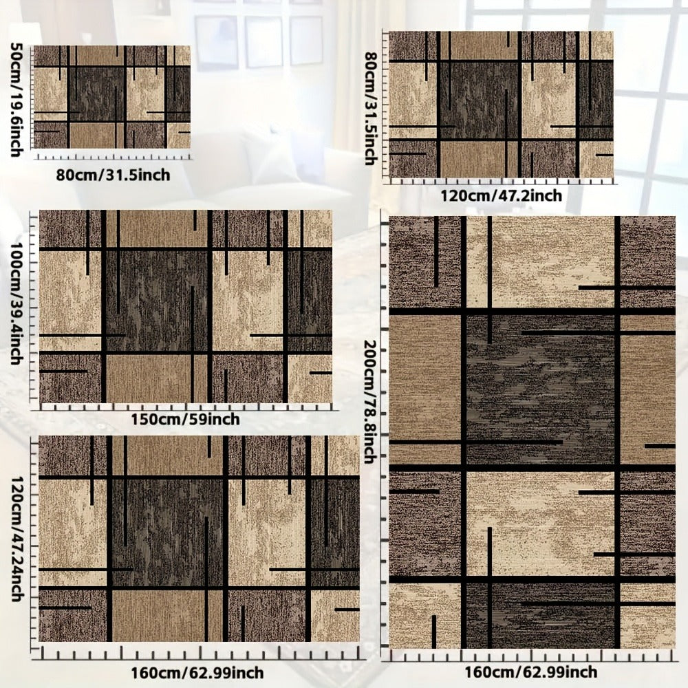 Area Rug Geometric Beige Brown 850 GSM Polyester Velvet in Four Machine-Washable Room Sizes