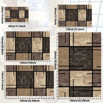 Area Rug Geometric Beige Brown 850 GSM Polyester Velvet in Four Machine-Washable Room Sizes