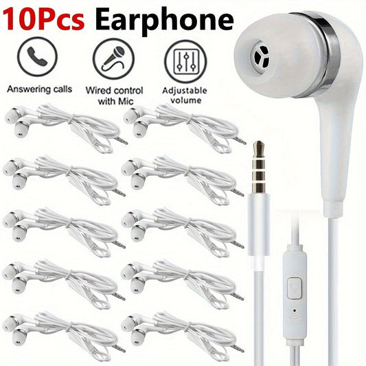 10 Pack Wired Earphones 3.5mm Bulk In-Ear Headphones Built-in Mic Volume Control Universal Compatible Samsung Huawei Xiaomi Android School Classroom Office Wholesale White