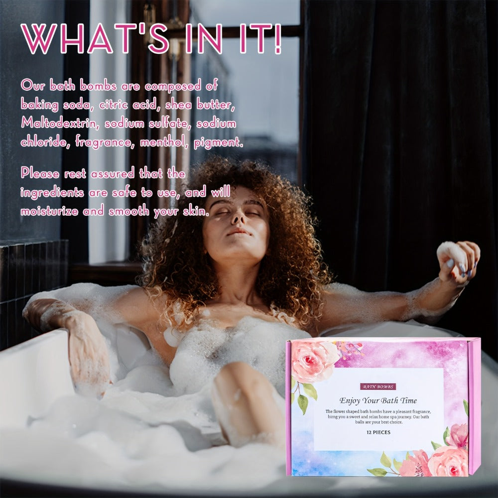 Bath Bombs, 12-Piece Shea Butter and Essential Oil Gift Set with Assorted Round Fizzers and Fragrance Labels