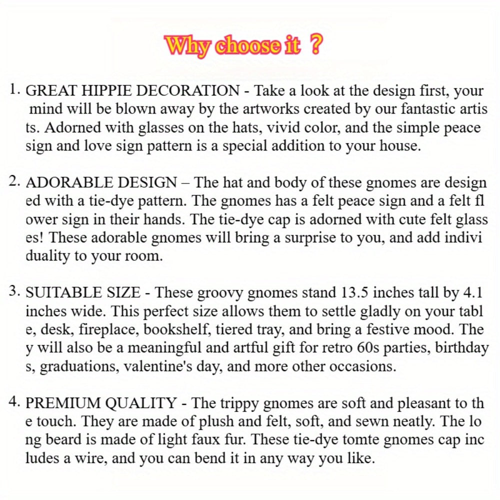 Hippie Gnomes Decorations 2 Pack – Groovy Tie Dye Tomte Figurines with Peace Sign & Fashion Glasses, 13.5" Swedish Gnome Shelf Sitters for Farmhouse, Christmas, Halloween & Party Decor