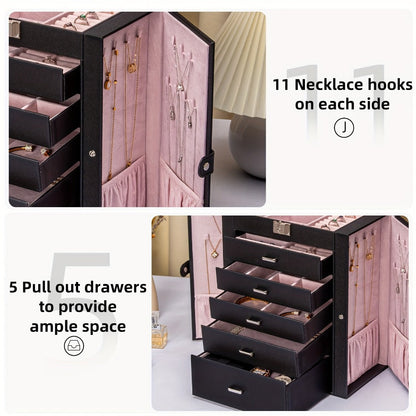 Jewelry Box 6 Tier with 5 Drawers Mirror & Lock | Large Jewelry Organizer Storage Case Gift for Women