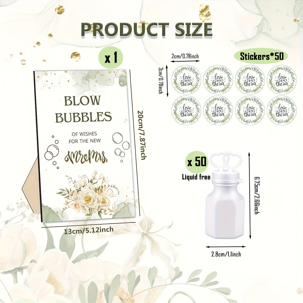 Party Favors Empty Mini Bubble Bottles, 50-Piece Set with Wooden Sign and 50 Matching Stickers