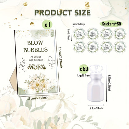 Party Favors Empty Mini Bubble Bottles, 50-Piece Set with Wooden Sign and 50 Matching Stickers