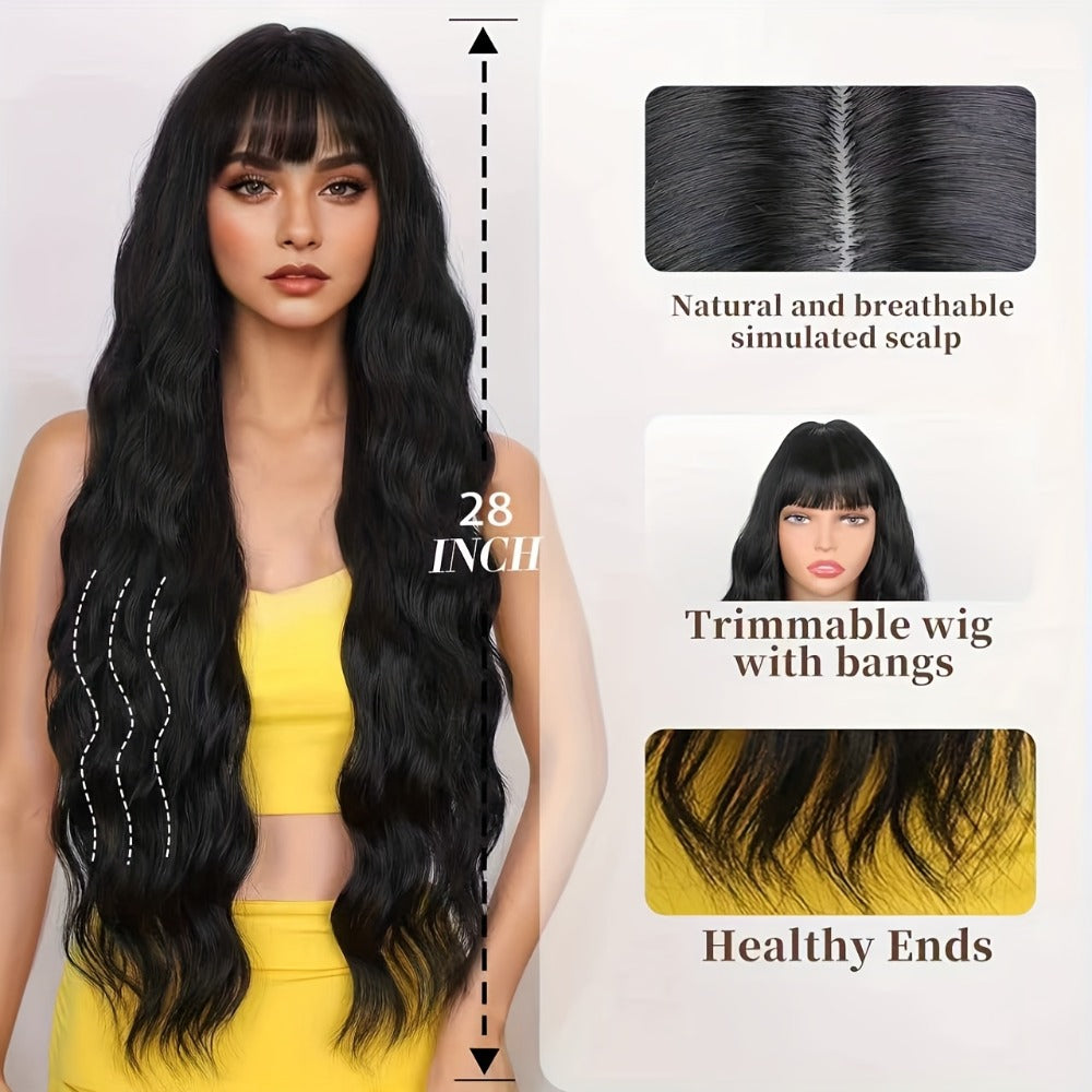 Synthetic Wig 28-Inch Black Body Waves with Bangs and Adjustable Buckle Net Cap for Daily and Party Styling