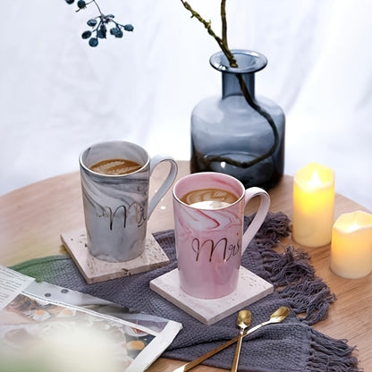 Mr and Mrs Mug Gift Set with Two 14 oz Grey and Pink Cups, Matching Spoons and Presentation Box