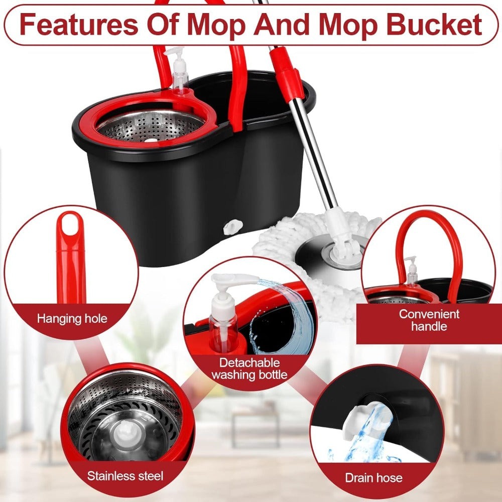 Spin Mop and Bucket with Wringer Set, 360° Spinning Mop System, 4 Microfiber Replacement Heads, Stainless Steel Adjustable Handle, Heavy-Duty Floor Cleaning Kit for Hardwood Tile Laminate Kitchen Bathroom