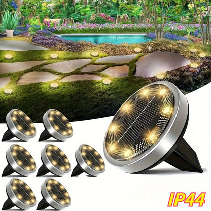 Solar Garden Light Ground Discs 8-Pack with 8 LEDs Each, Touch Dimming and Warm or Cool White Options