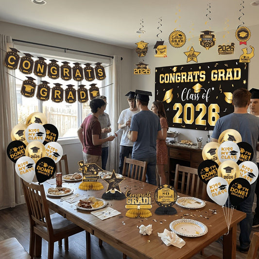 Class of 2026 Graduation Party Decorations – Complete Set with Backdrop Banner Hanging Swirls Balloons & Honeycomb Supplies, 6 Color Options Purple Maroon Blue Red Green Gold