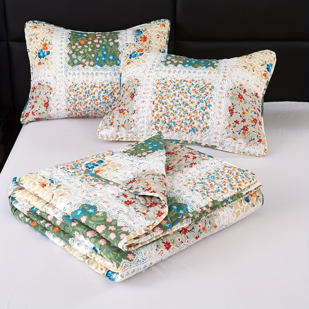 Floral Patchwork Quilt Set in Green, Blue, Grey Pink or Pink with Twin, Full/Queen and King Sizes