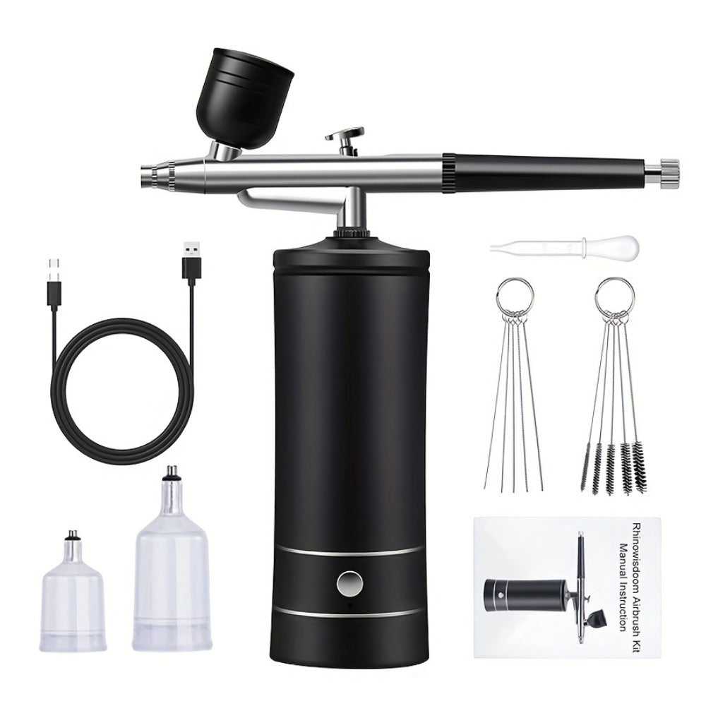 Airbrush Kit with Compressor USB Rechargeable 23-27PSI 0.3mm Nozzle 2-Speed - Portable Cordless Airbrush Set with 2 Paint Pots & Brush - for Makeup Nail Art Cake Decorating Crafts Tattoos