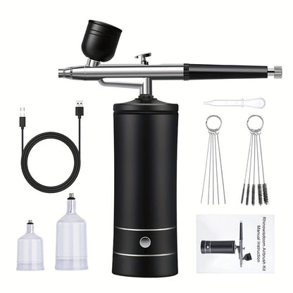 Airbrush Kit with Compressor USB Rechargeable 23-27PSI 0.3mm Nozzle 2-Speed - Portable Cordless Airbrush Set with 2 Paint Pots & Brush - for Makeup Nail Art Cake Decorating Crafts Tattoos