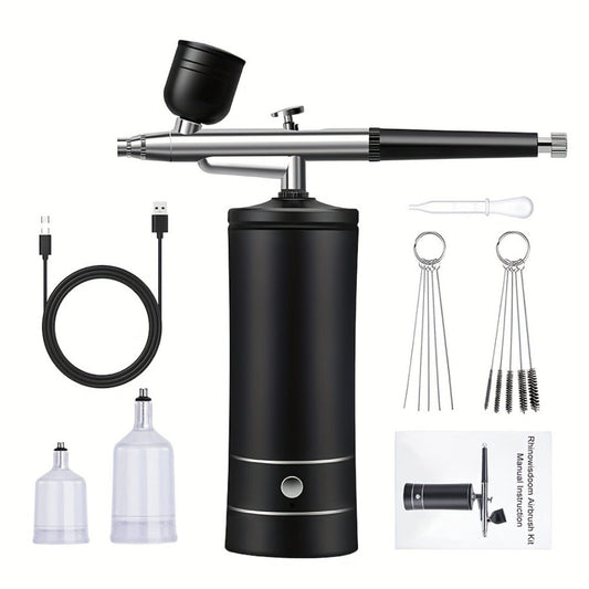 Airbrush Kit with Compressor USB Rechargeable 23-27PSI 0.3mm Nozzle 2-Speed - Portable Cordless Airbrush Set with 2 Paint Pots & Brush - for Makeup Nail Art Cake Decorating Crafts Tattoos