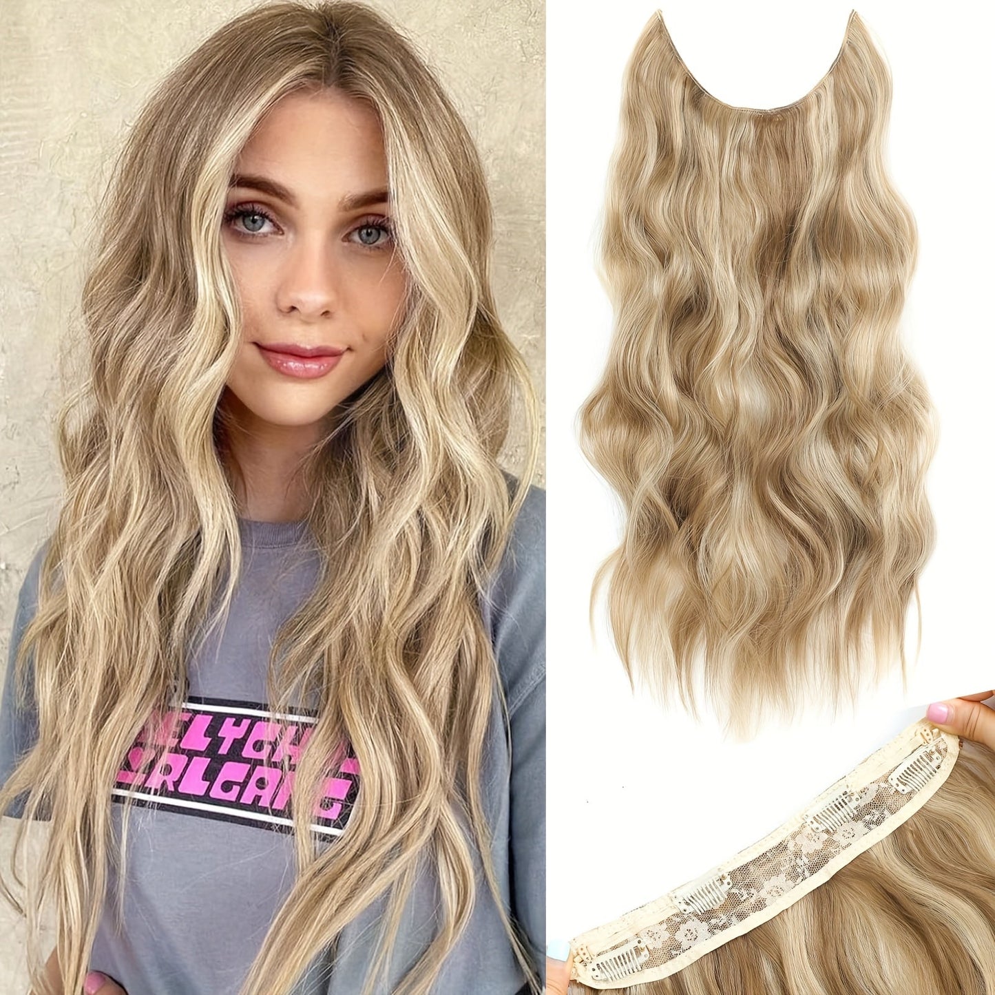 Invisible Wire Hair Extensions 22 Inch for Women — Transparent Fish Line 4 Clips Long Wavy Hairpiece for Thin Fine Hair, 7 Colors 1B 613 Ombre, No Glue No Heat Damage Free