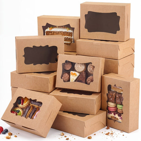 Cookie Boxes with Window 48 Pack – 8x6x2.5" Kraft Bakery Treat Boxes for Cookies, Macarons, Pastries & Cake, Brown & White Cardboard Gift Boxes for Birthday, Wedding & Holiday Packaging