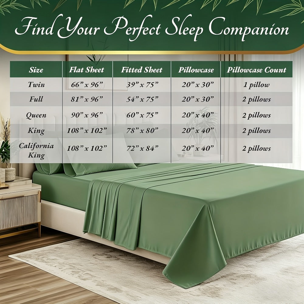 Bed Sheet Set Bamboo-Derived Fabric with Four Bed Sizes, Documented Sheet Dimensions and Thirteen Colors