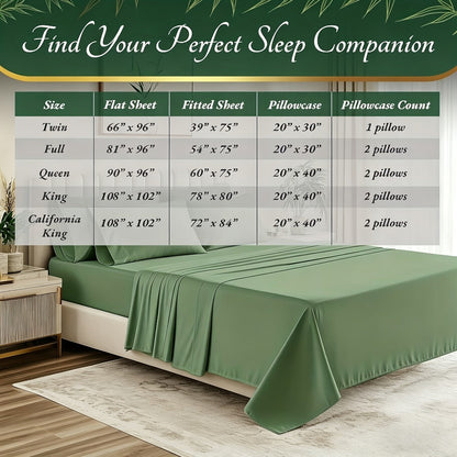 Bed Sheet Set Bamboo-Derived Fabric with Four Bed Sizes, Documented Sheet Dimensions and Thirteen Colors