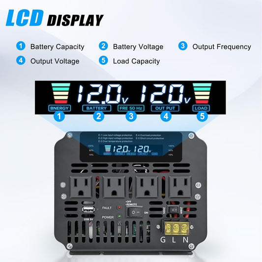 Pure Sine Wave Power Inverter 4000W 8000W Peak DC 12V to AC 110V with LCD Display Remote Control 4 AC for Garden, Patio and Yard Use