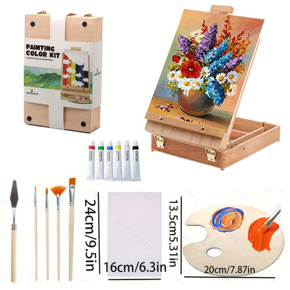 14-Piece Portable Painting Box Set with Adjustable Tabletop Easel, Canvas, Brushes and Palette Knife