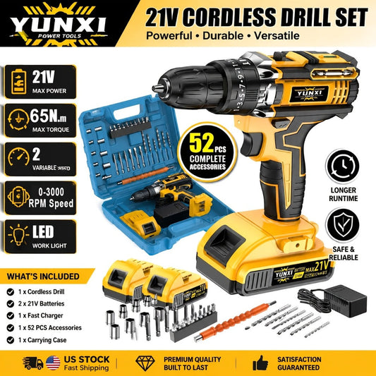 Cordless Impact Drill Set 21V – Electric Power Drill with 2.0Ah Battery, Fast Charger, Screwdriver Bits, Work Light, Variable Speed & Torque Control for Home & Car Repair, Men's Gift
