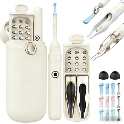 12-in-1 Rechargeable Camera Ear Cleaning Kit with LED Light, Storage Case and Beige or Blue Checkout