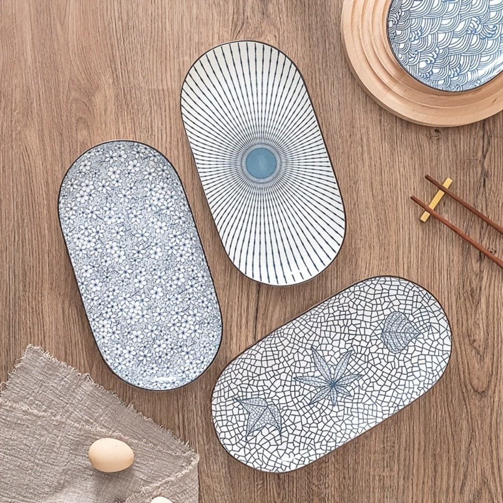 Four-Piece 12 Inch Blue and White Porcelain Fish Plate Set for Serving, Steaming and Oven Baking