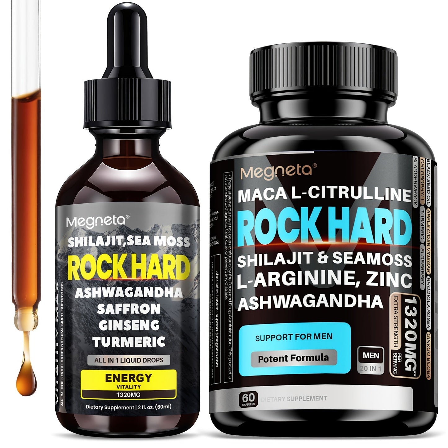 Maca Root Pills with Shilajit Drops for Men – Premium Adaptogen Supplement with Ashwagandha, Sea Moss, Elderberry, Ginger & Saffron | All-in-1 Men's Health Formula | 1 Month Supply | Plant-Based
