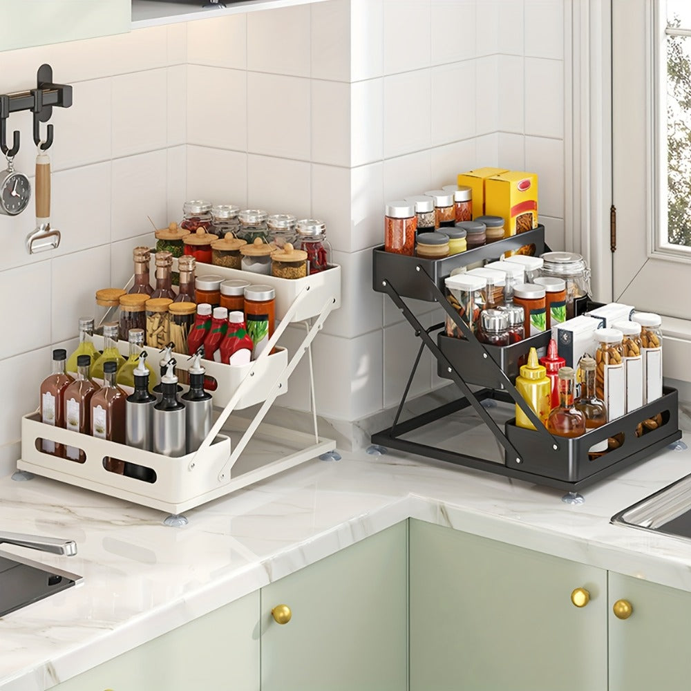 Three-Tier Foldable Spice Rack Organizer in Black or White with Front Rails and Side Supports