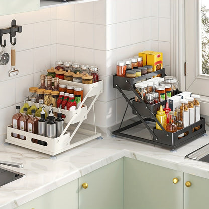 Three-Tier Foldable Spice Rack Organizer in Black or White with Front Rails and Side Supports