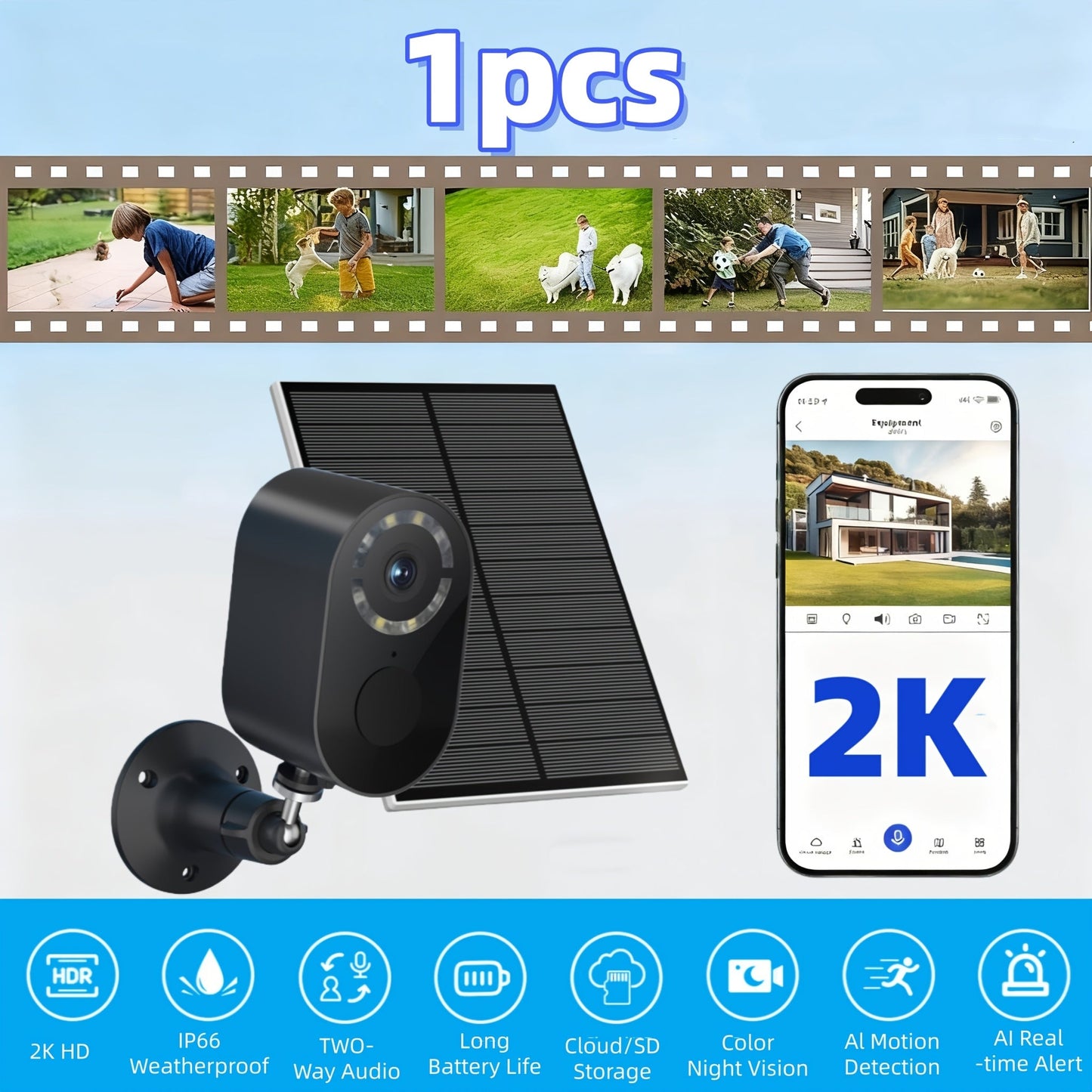 Security Camera 2K Solar Outdoor Model with Color Night Vision, Two-Way Audio, Human-Figure Alarm and Four Bundles