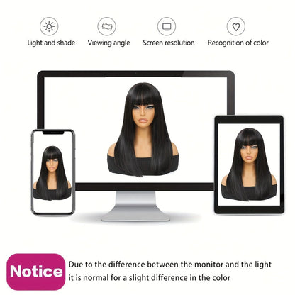 Straight Bob Wig with Bangs Heat Resistant Synthetic Hair 180% Density Blunt Cut Black Rose Net Cap Women Business Office Party Daily Wear 16 Inch